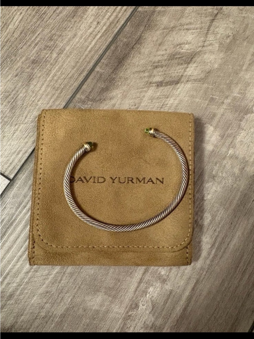 David Yurman Silver Cable Bracelet with Gold and Green Accents